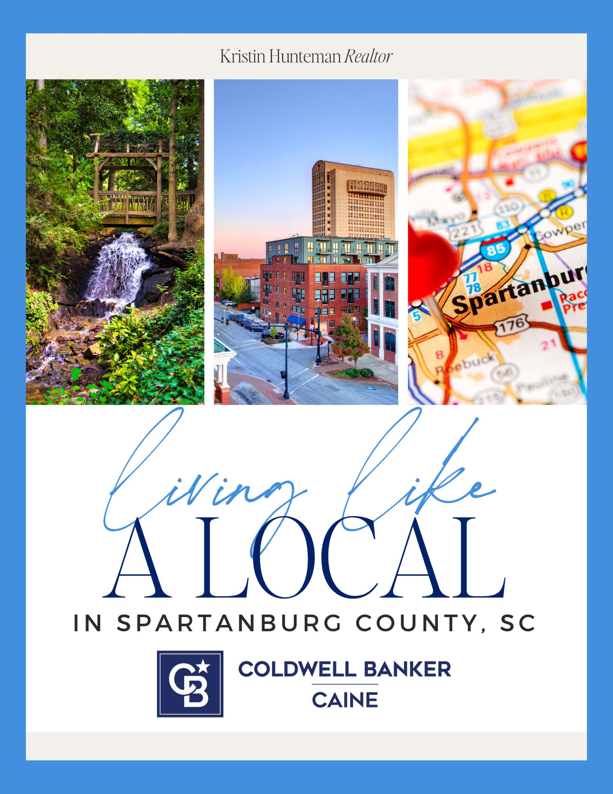 “Living Like a Local in Spartanburg County, SC”—waterfall, downtown Spartanburg, and a map pin.