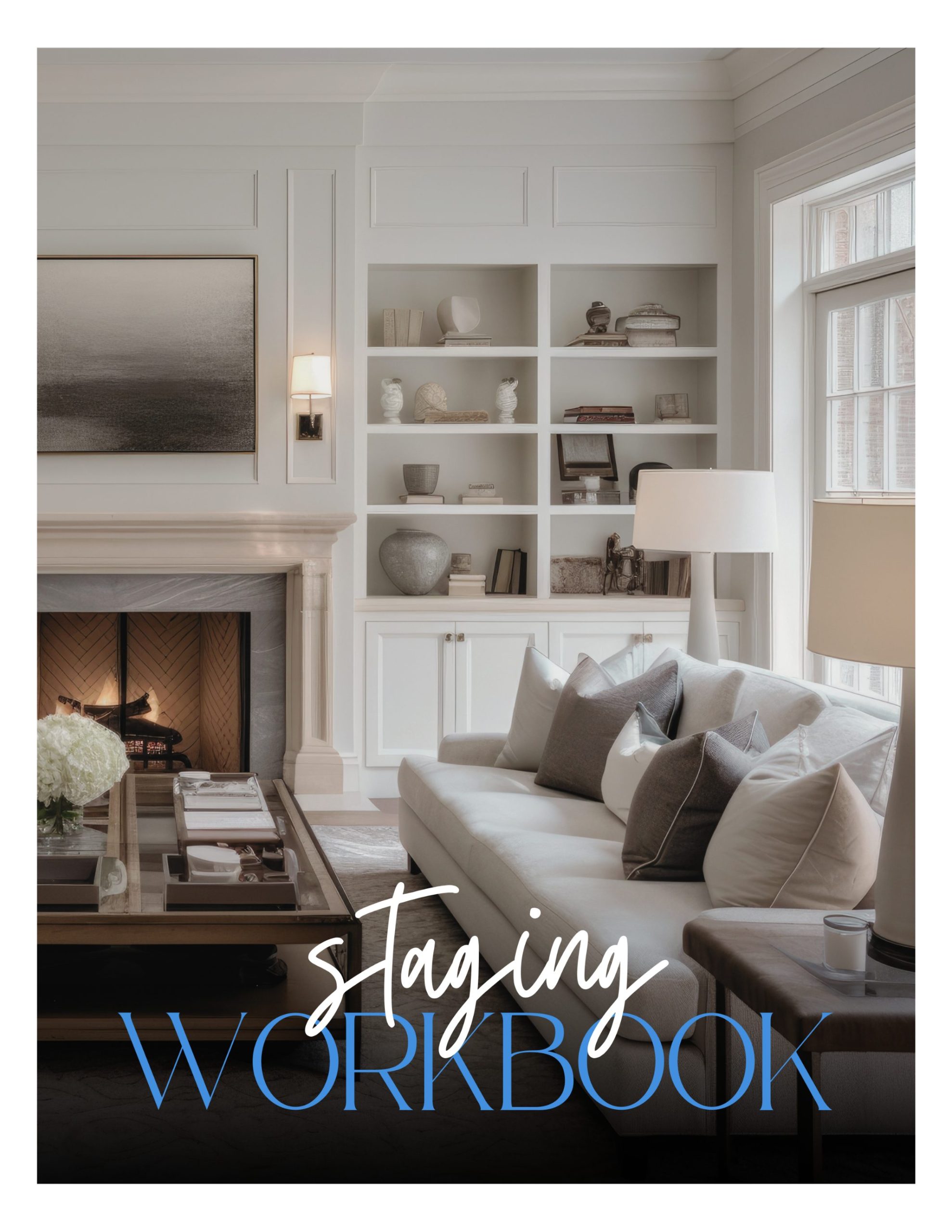 Staging Workbook cover with a bright neutral living room—fireplace, styled built-ins, and a sofa layered in gray and ivory.