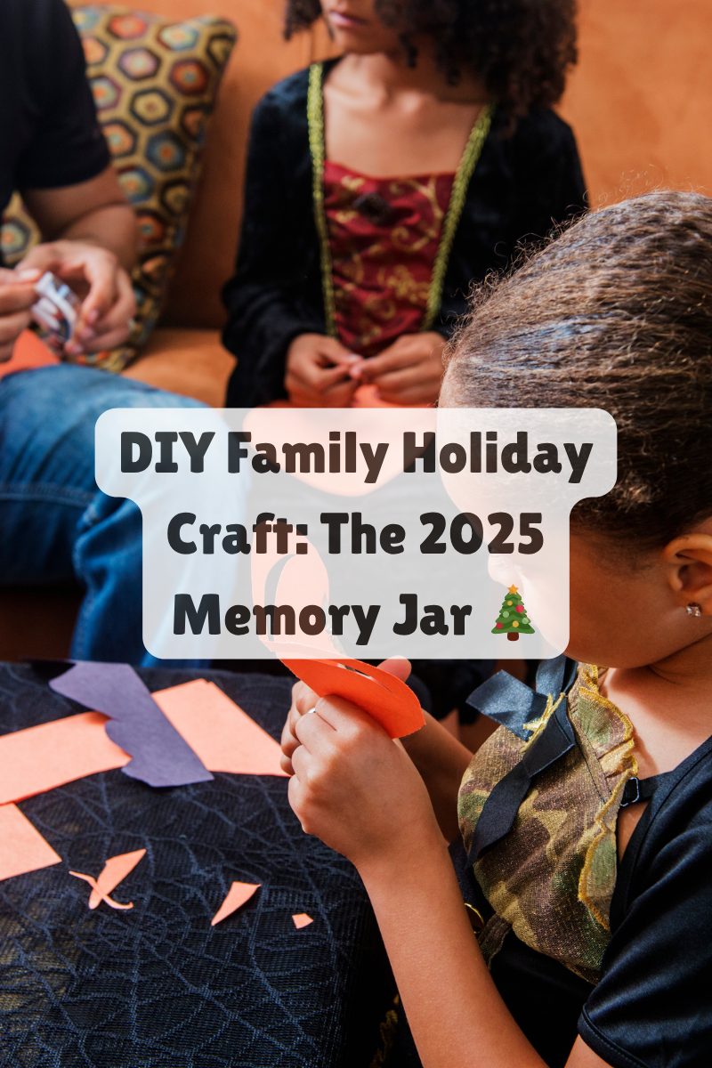 Children cutting colored paper for a holiday craft project, symbolizing a family activity creating a 2025 memory jar.