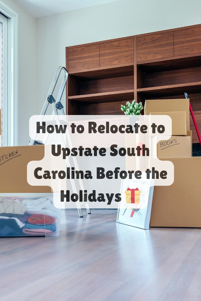 Cardboard boxes and moving supplies in a bright room, symbolizing a family relocating to Upstate South Carolina before the holidays.