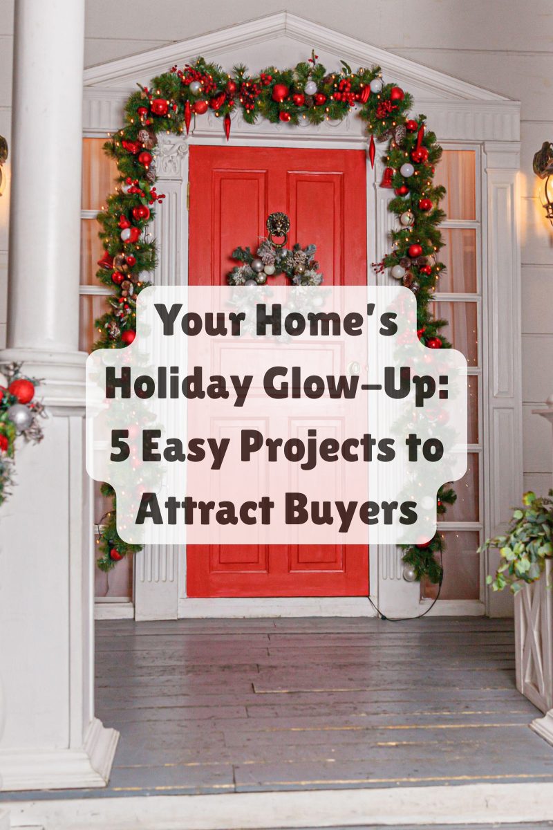Festive red front door decorated with holiday garland and wreath, representing seasonal home staging ideas for sellers.