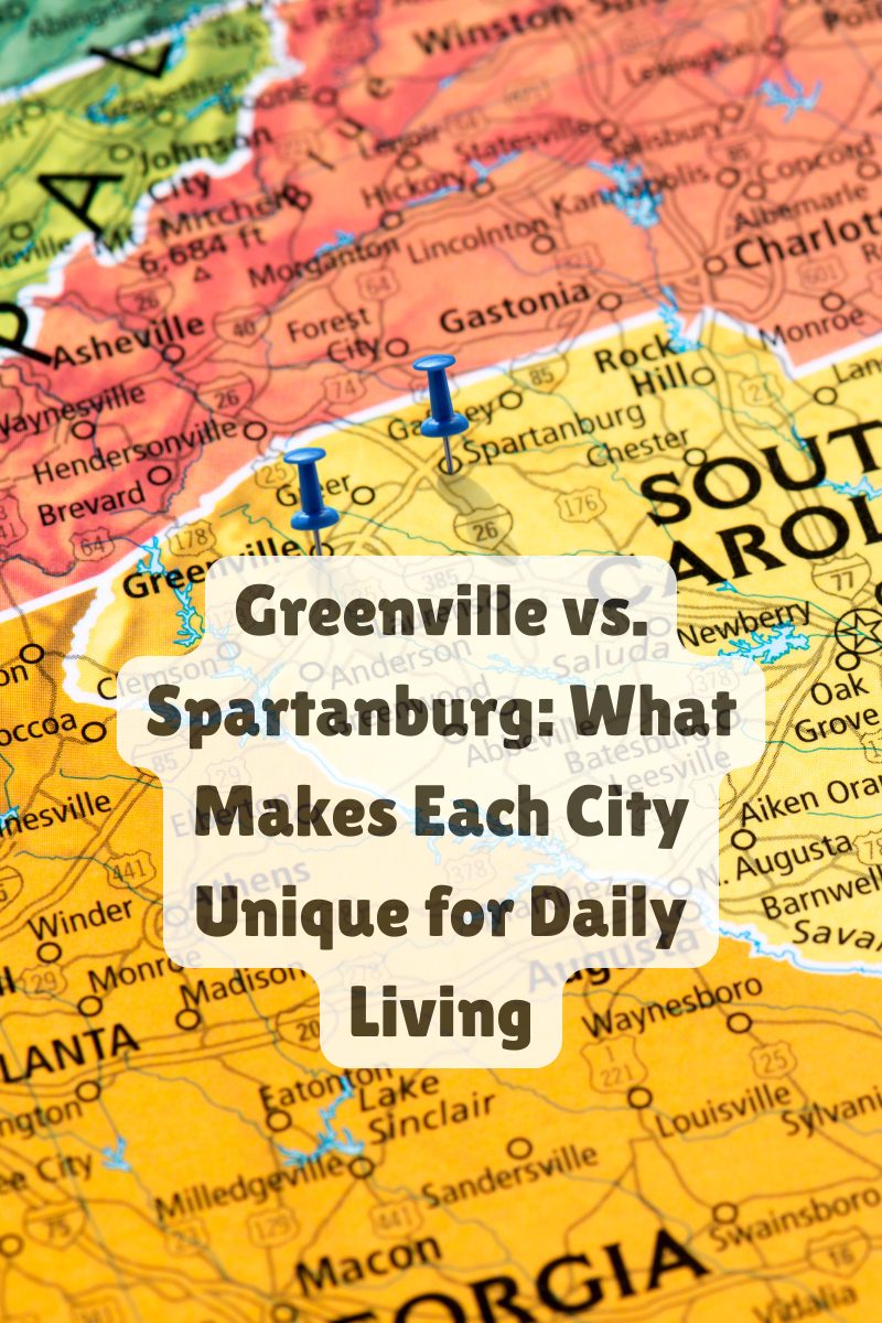 A detailed map showing parts of South Carolina and North Carolina with push pins marking Greenville and Spartanburg.